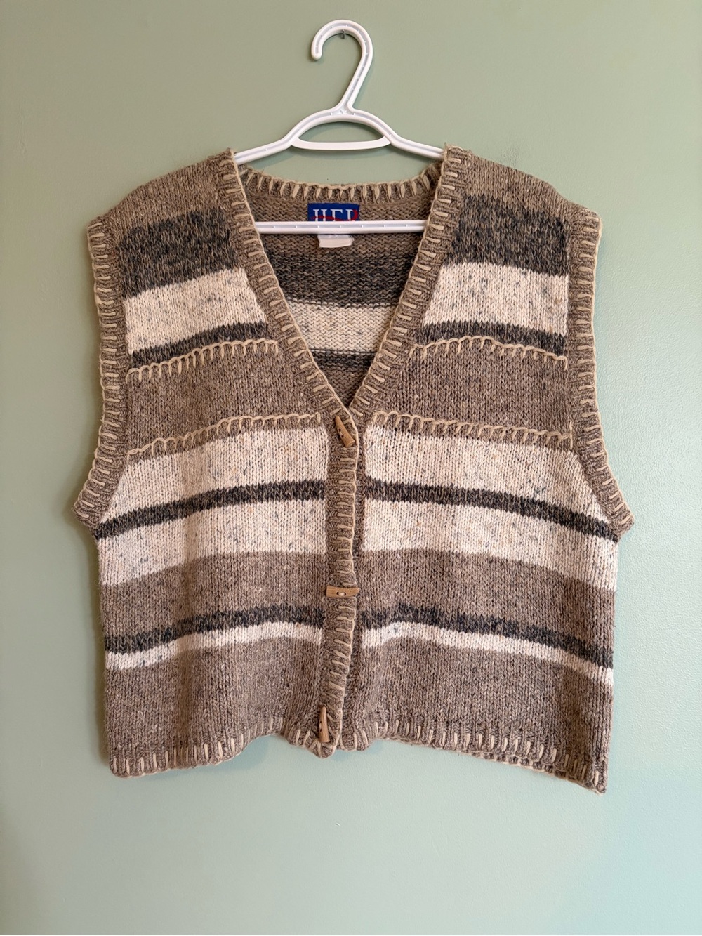 Vtg H.E.R. Striped Lambswool Knit Sweater Vest L XL Toggle Button Cottagecore